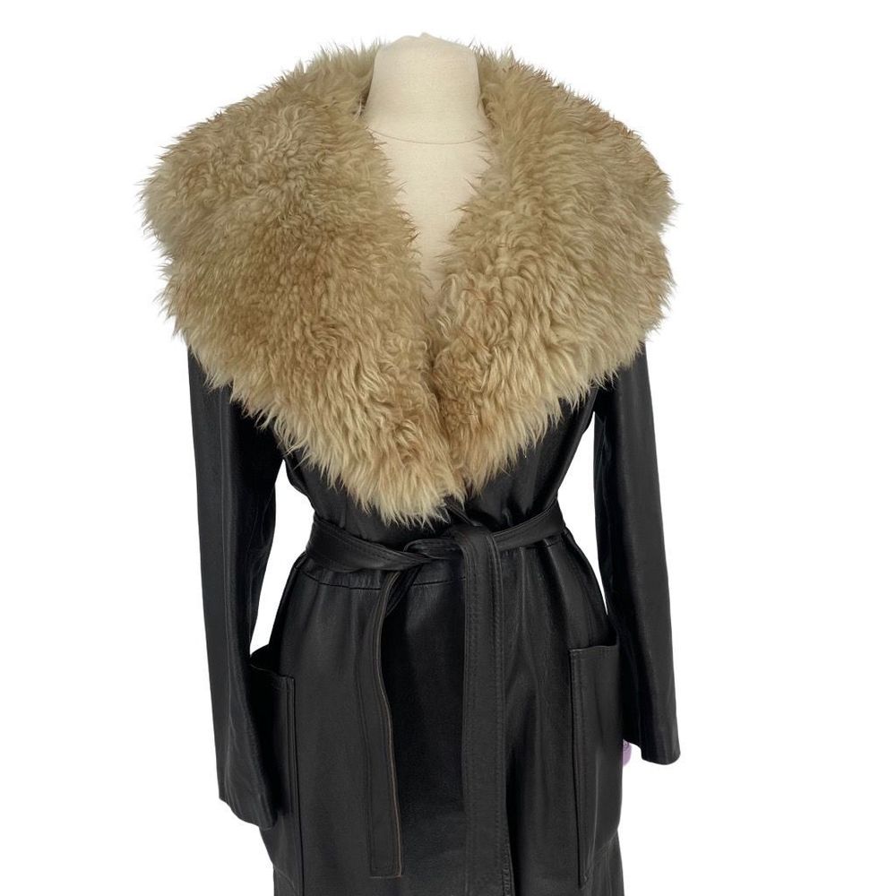 Vintage 70s Cyril Daniel Leather Trench Coat with Fur Collar Size M Union Made i - Picture 5 of 14